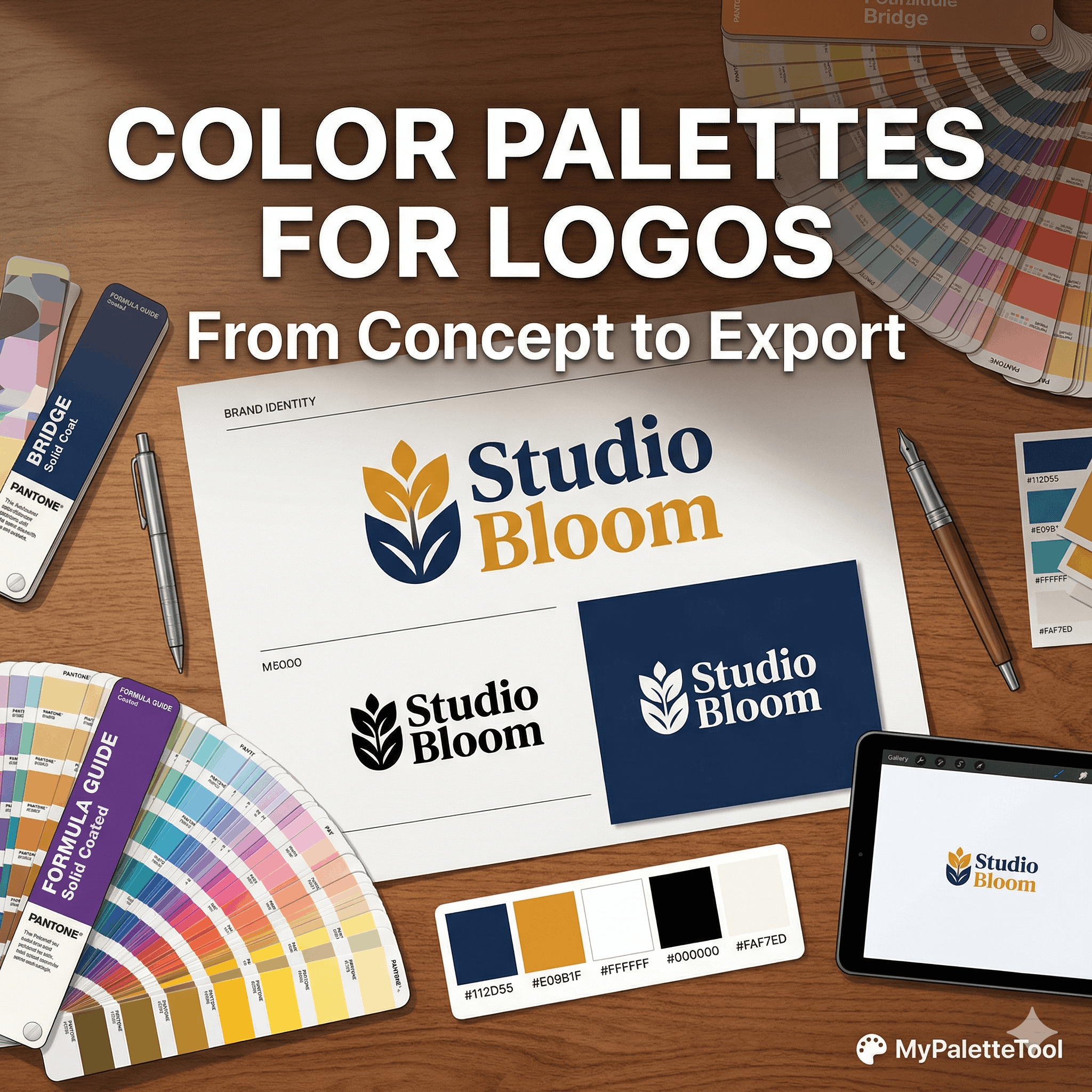 Logo color palette system showing primary, secondary, and monochrome versions on different backgrounds