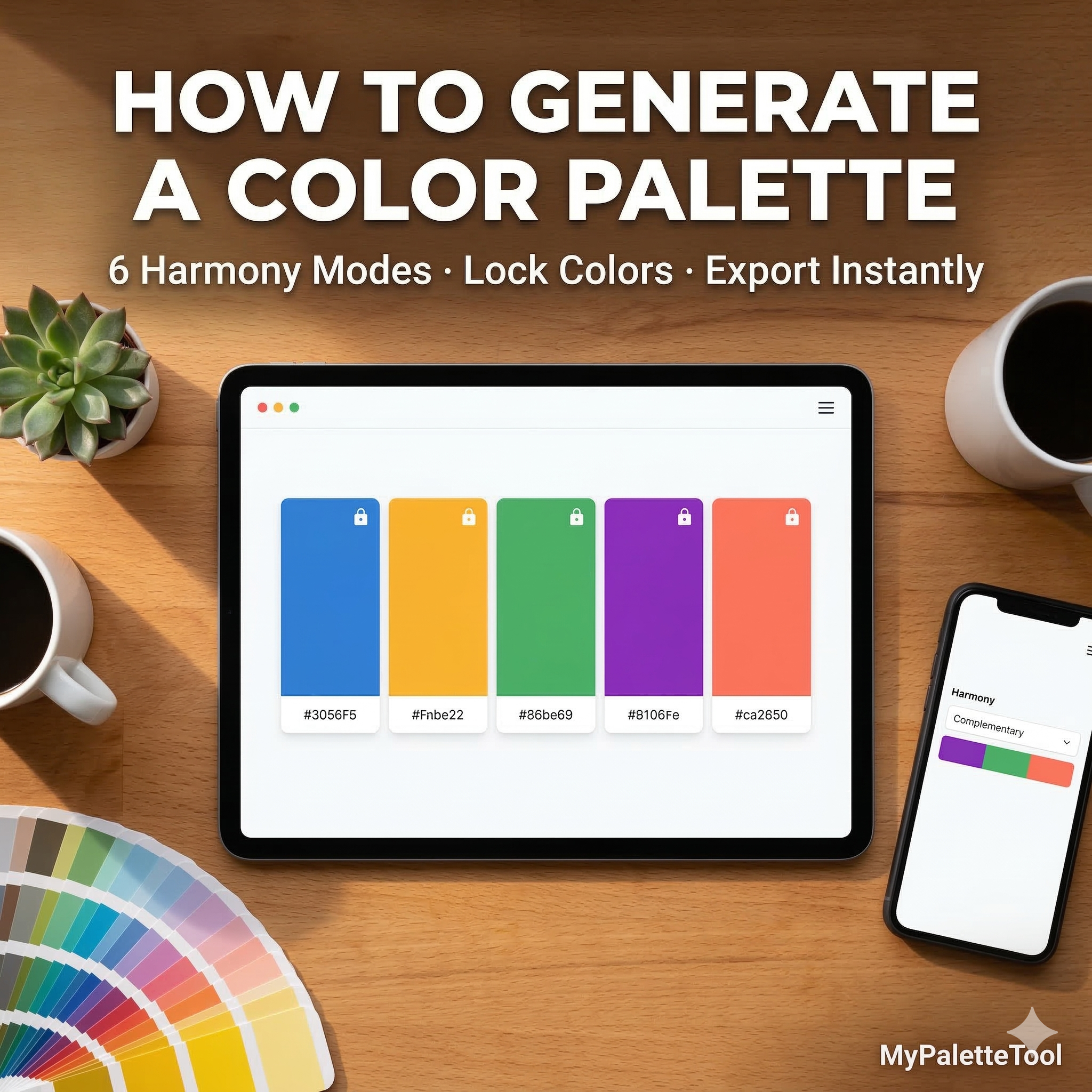 Color palette generator interface showing multiple harmony modes and color swatches